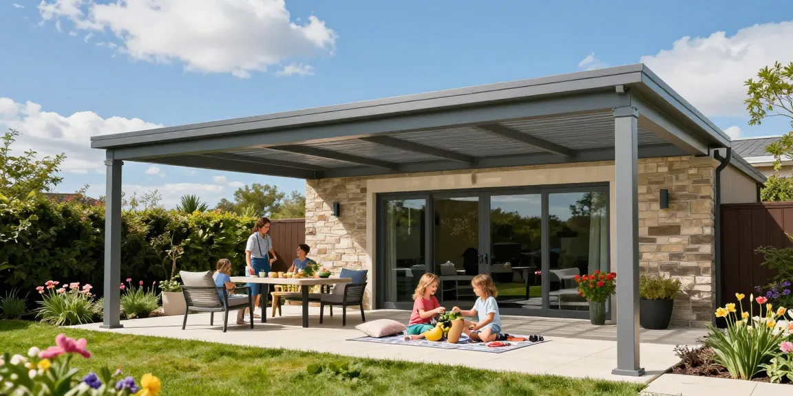 Moderne Terrassenüberdachungen im Außenbereich bei sonnigem Wetter.
