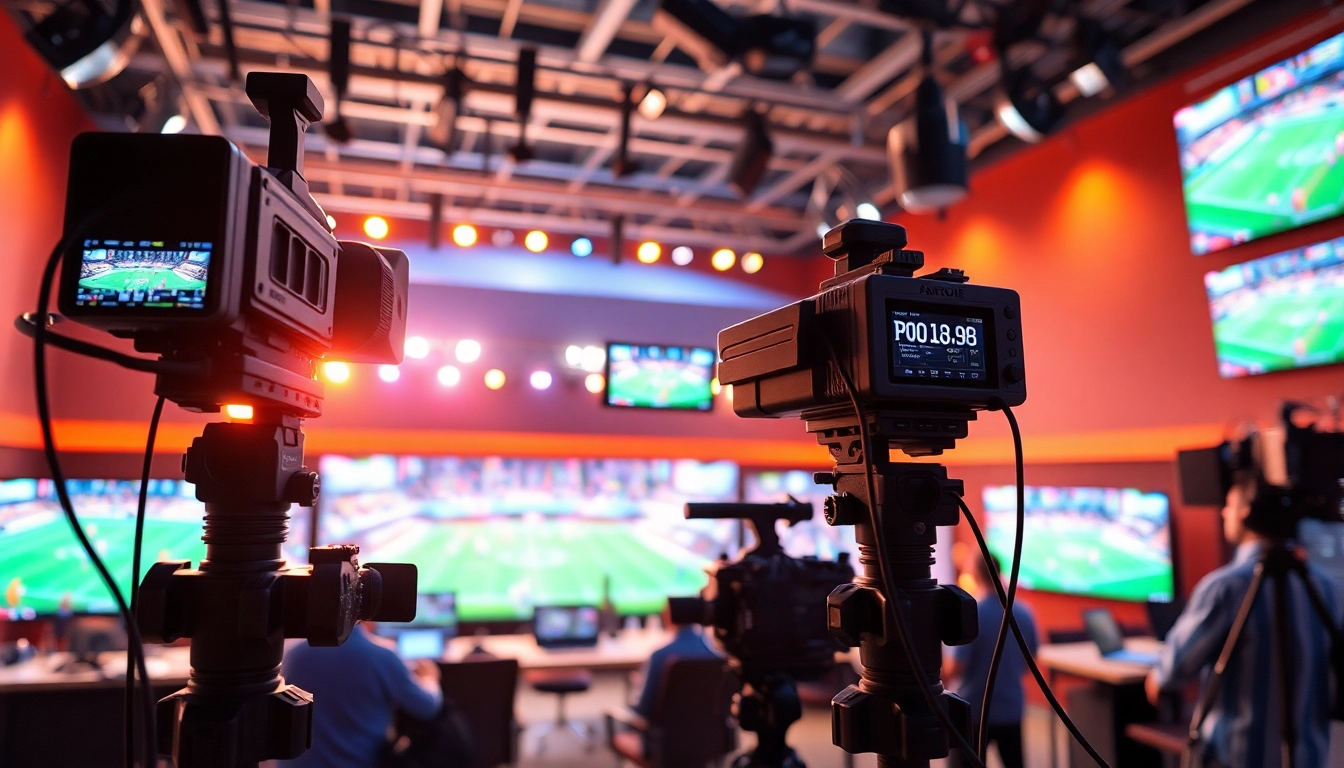 Dynamic sports broadcasting scene with professional equipment and lively atmosphere.