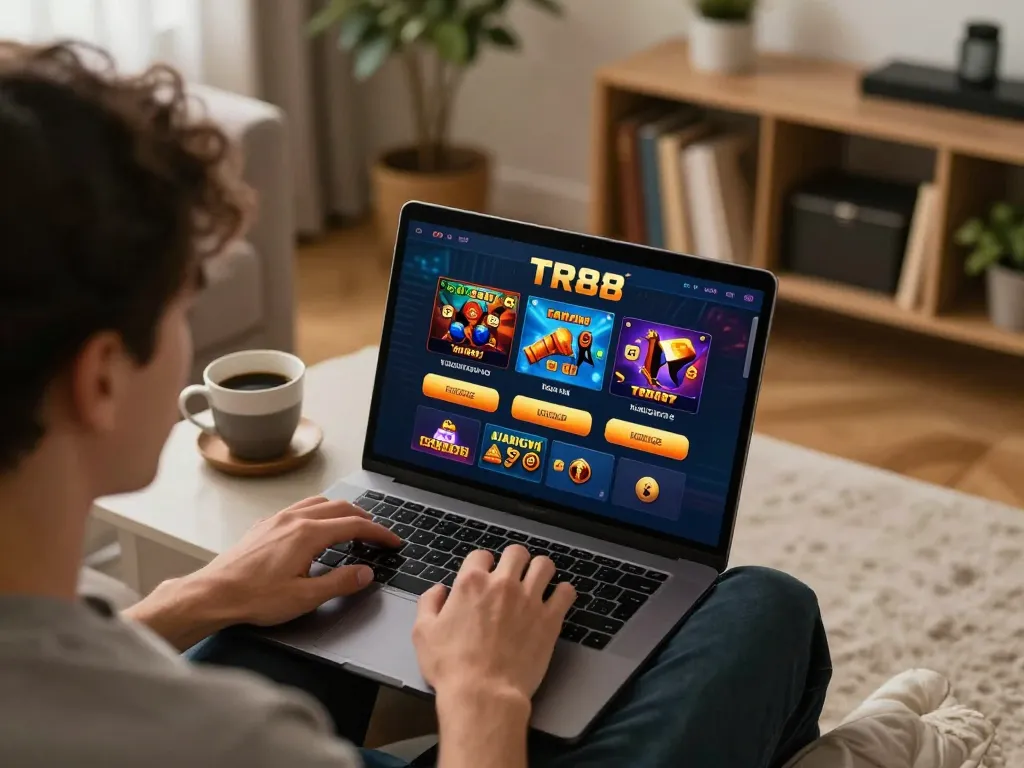 Engaging scene of a player using TR88 online gaming platform in a cozy home setting, focusing on strategic betting.