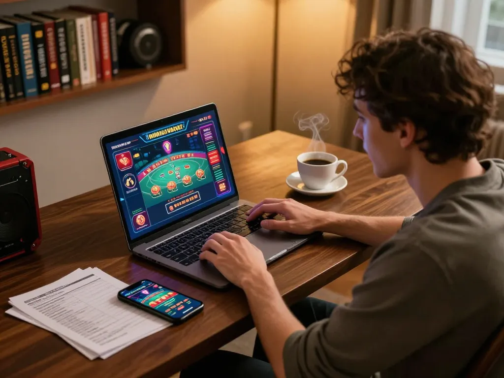 Engaging online gaming moment on https://go8.onl/ with vibrant casino graphics and strategic notes.
