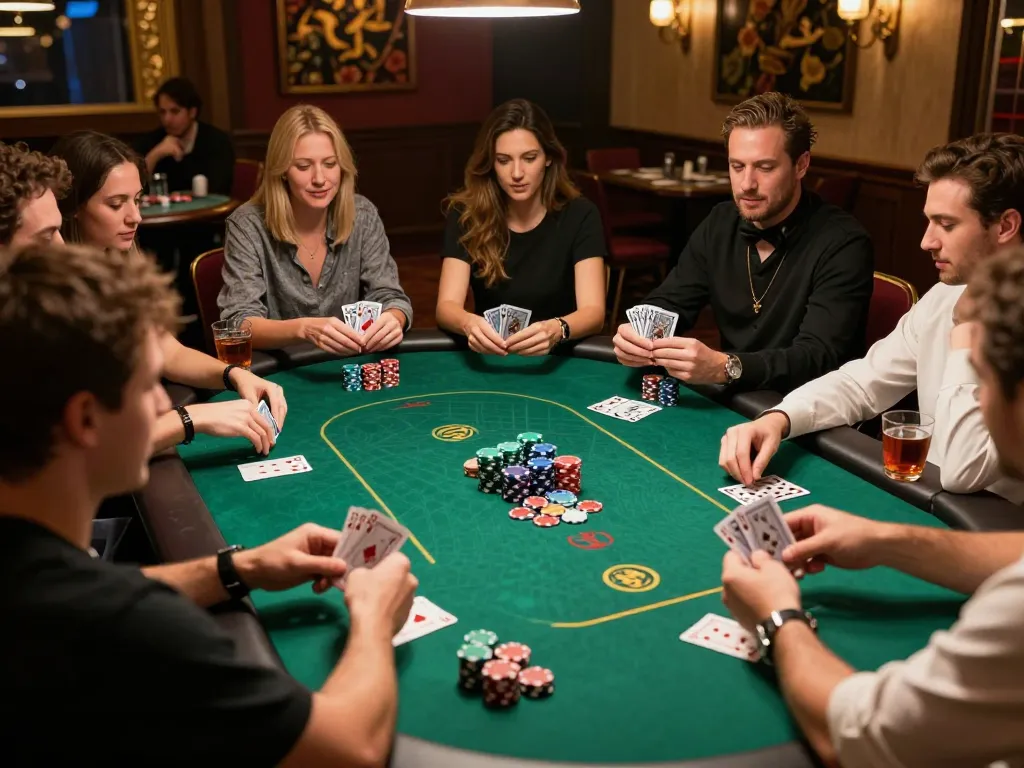 Engagierte Spieler, die in einem Poker-Spiel im Casino strategisieren, mit Immobilienmakler Frankfurt Eschersheim im Hintergrund für ein lebendiges Erlebnis.
