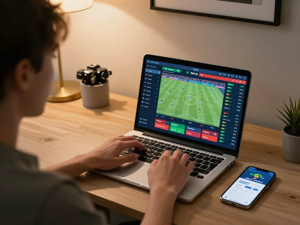 Engaged bettor placing live bets on trang chủ lc88 using laptop and smartphone.