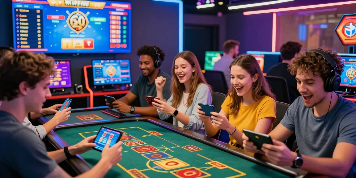 Exciting gaming scene at https://gemwin.pics/ with players enjoying diverse online casino games on various devices in a vibrant atmosphere.