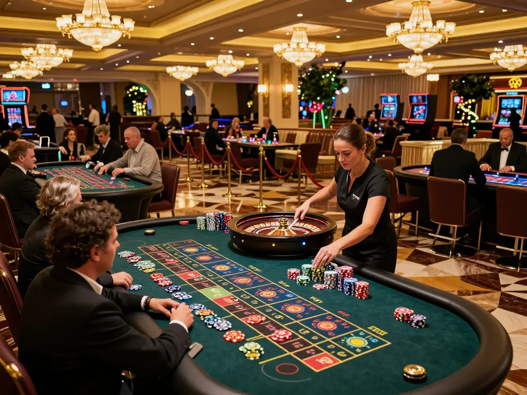 Experience the excitement of f168 betting at a glamorous casino, with dynamic gameplay around a spinning roulette.