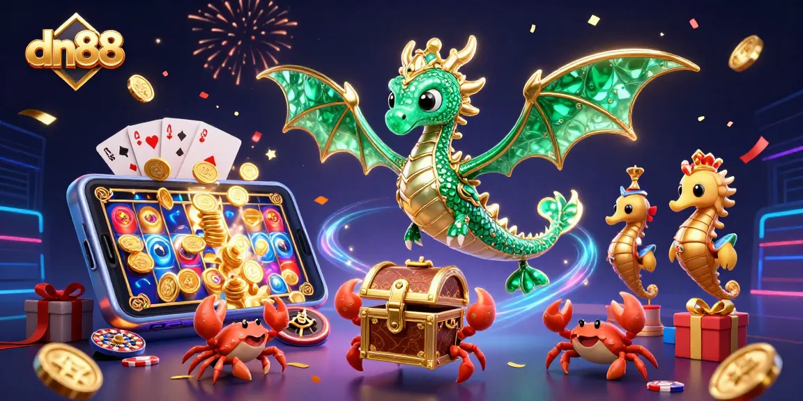 Engage with thrilling gaming adventures at dn88, featuring a luxurious sea dragon and dynamic casino elements.