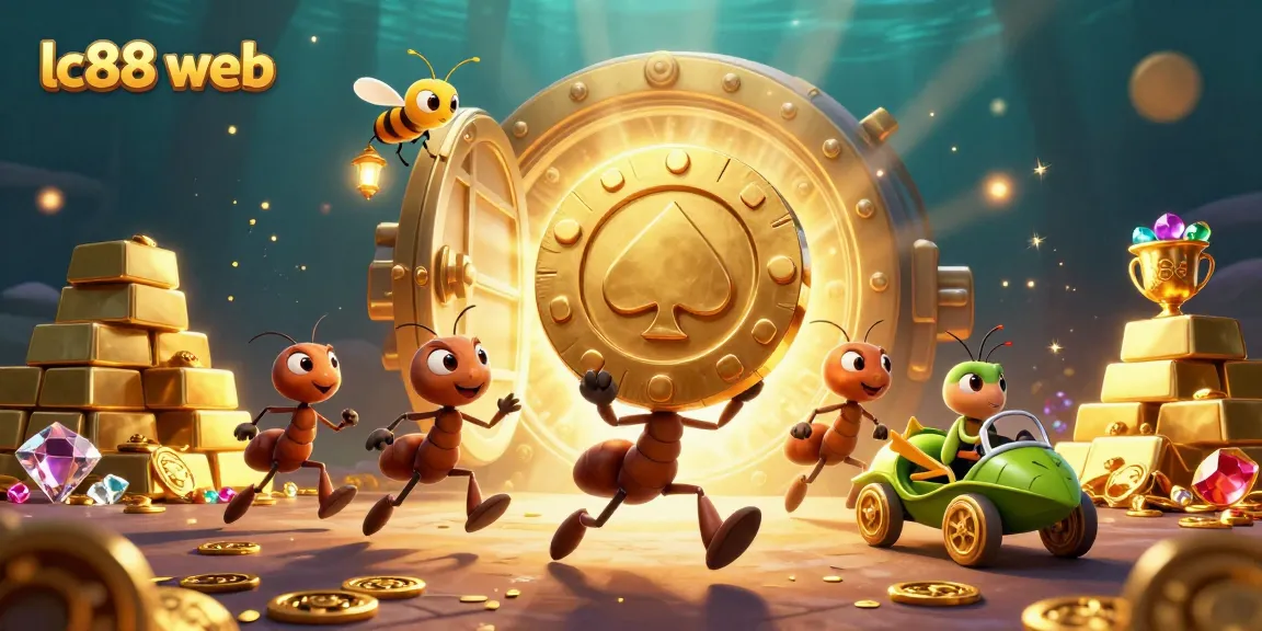 Engage with thrilling action at lc88 web, where cartoon ants stage a heist for a giant poker chip in a vibrant casino-themed tunnel.