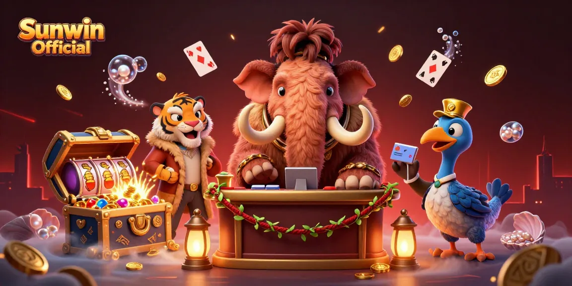 Sunwin Official showcases a vibrant casino scene with a woolly mammoth bouncer, VIP saber-tooth tiger, and dodo doorman in a unique gambling setting.