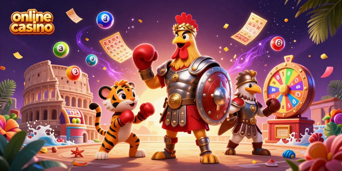 Experience an engaging online casino scene with a gladiator rooster and colorful gaming elements.