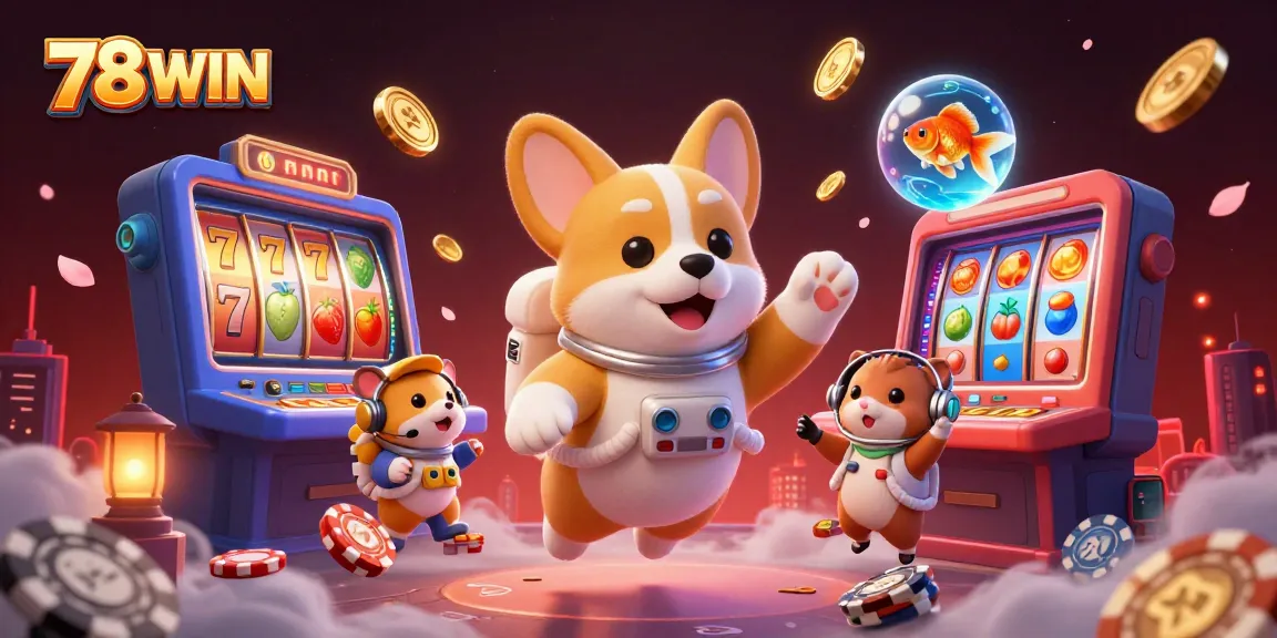 Spin reels at 78 WIN in this vibrant casino illustration featuring a corgi astronaut and fun casino elements.