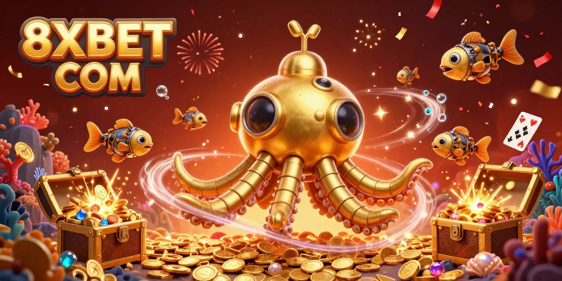 Experience thrilling online gaming with 8XBET COM's vibrant casino scene featuring playful characters and festive elements.