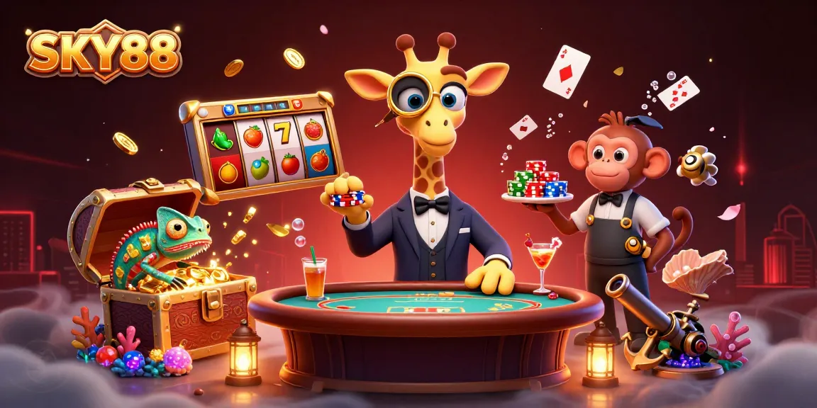 Engage with SKY88's vibrant casino world featuring rich gambling themes and dynamic characters.