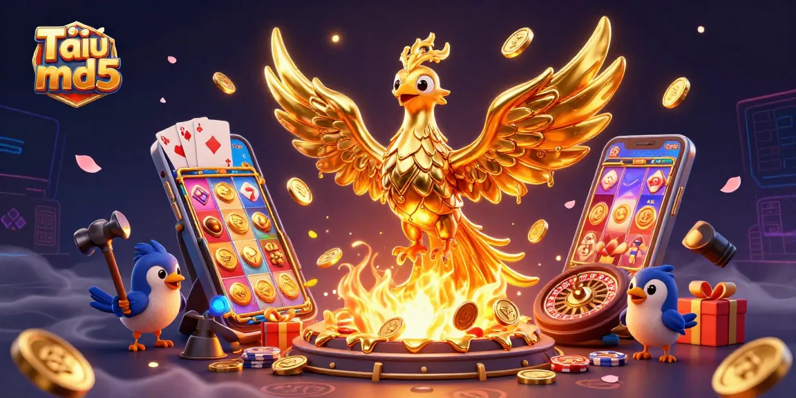 Experience the thrill of Tài xỉu md5 with spinning reels and glowing coins in a vibrant casino setting.