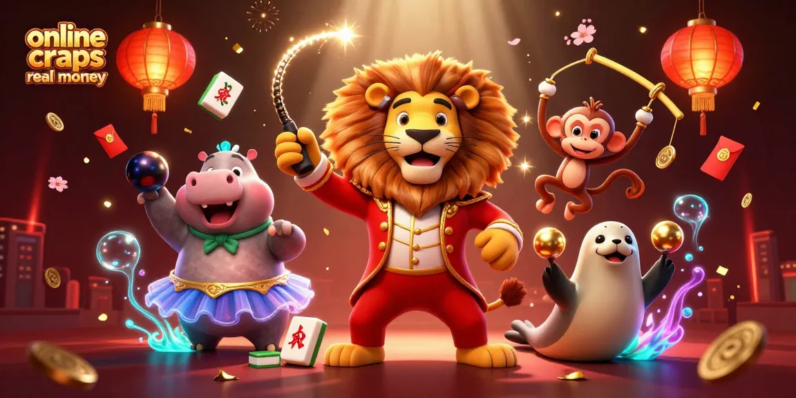 Engage in online craps real money with a vibrant circus scene featuring unique 3D characters and casino elements.