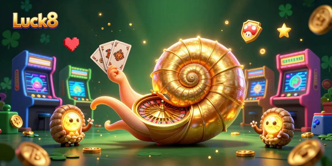 Engage in thrilling casino action with Luck8, featuring a giant nautilus roulette and glowing game elements.