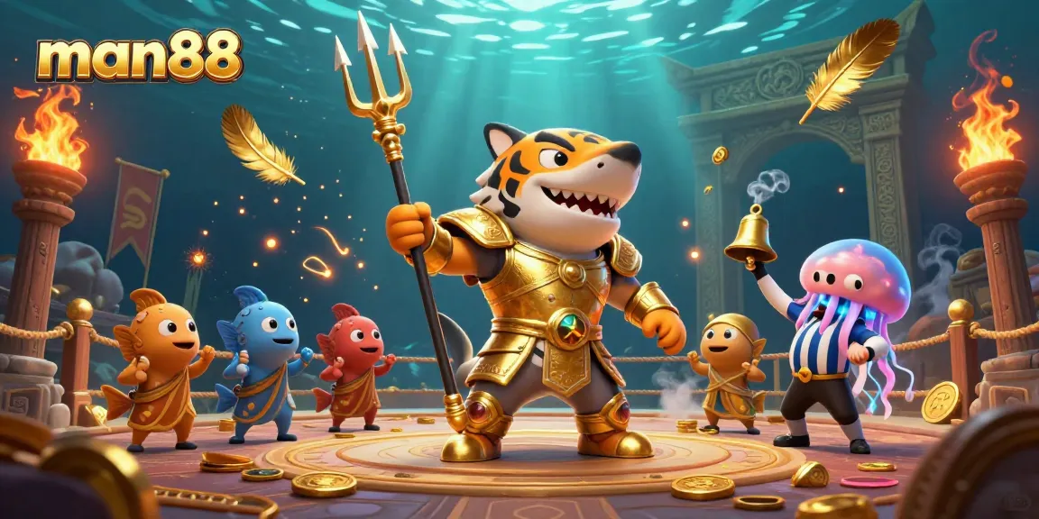 Experience the excitement of man88 in this vibrant underwater casino battle scene with unique characters.