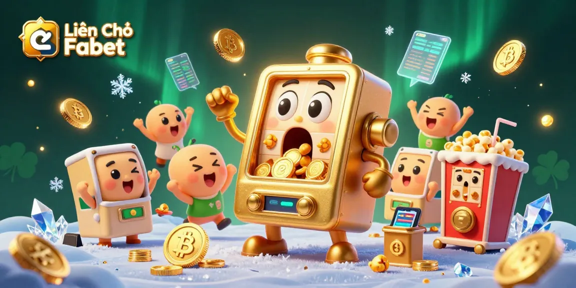 Liên Hệ Fabet highlights a golden slot machine celebrating a jackpot among cheering mini slots.