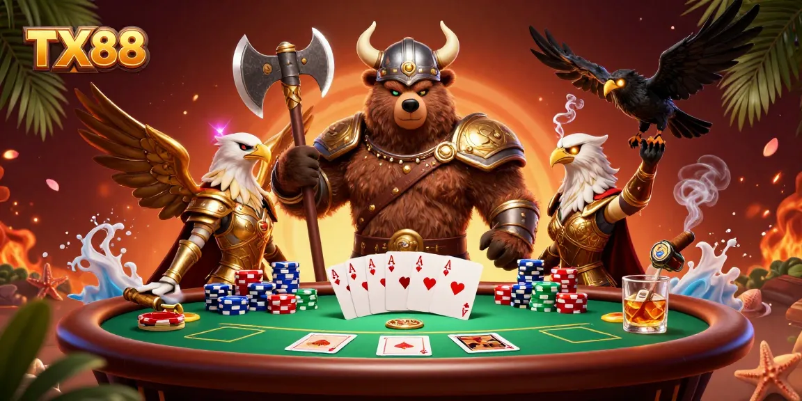 Join the TX88 poker rush as a Viking bear and Valkyrie eagle dominate the table!