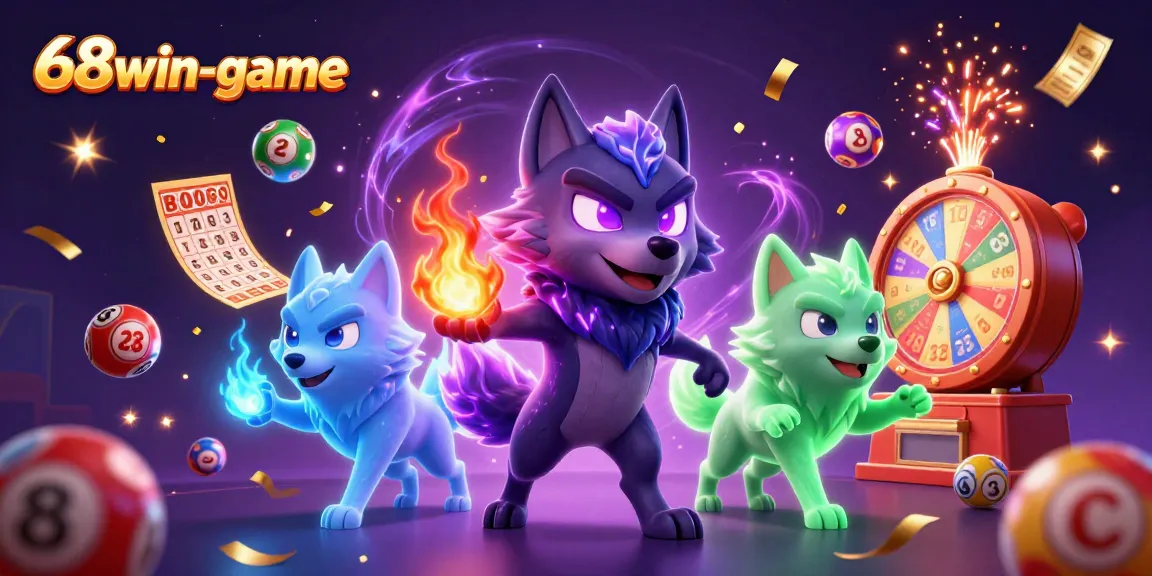 Experience excitement with 68win-game's captivating lottery action featuring animated wolves and vibrant elements.