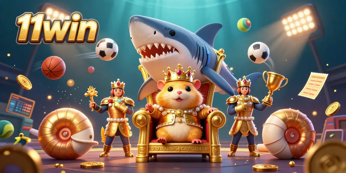 11win promotes a vibrant underwater sports scene with a golden hamster king and dynamic gambling elements.