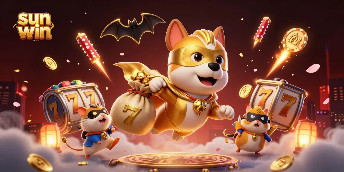 Experience the thrill of "sun win" as a superhero dog and hamster navigate a vibrant casino world filled with slot reels and fireworks.