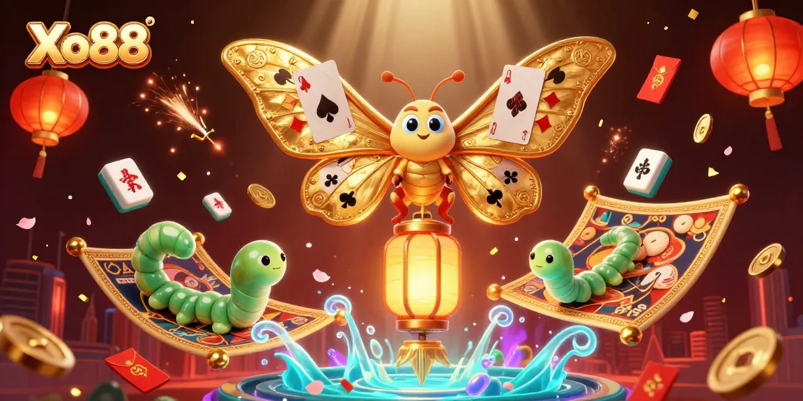 Xo88 showcases vibrant 3D gambling scenes with golden card suits, surrounded by lively casino elements.